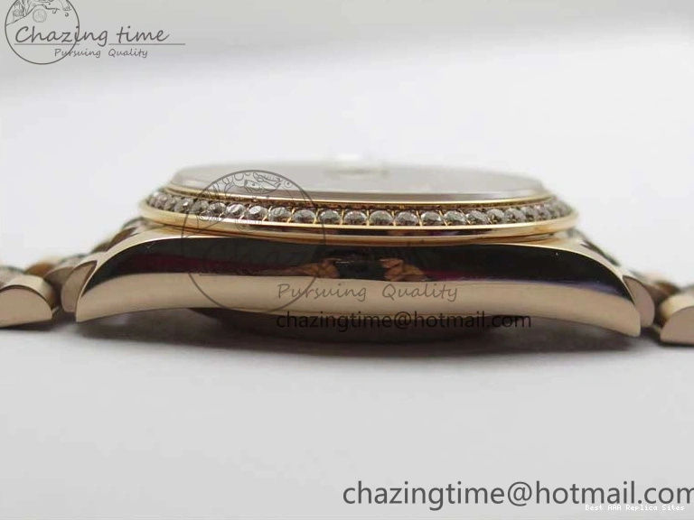 AAA Replica Watches on President A 2689 BP White ComfortFit Crystal Crystal Marker MOP RG Best Edition 128235 Dial Day-Date Bracelet RG 36mm 1218